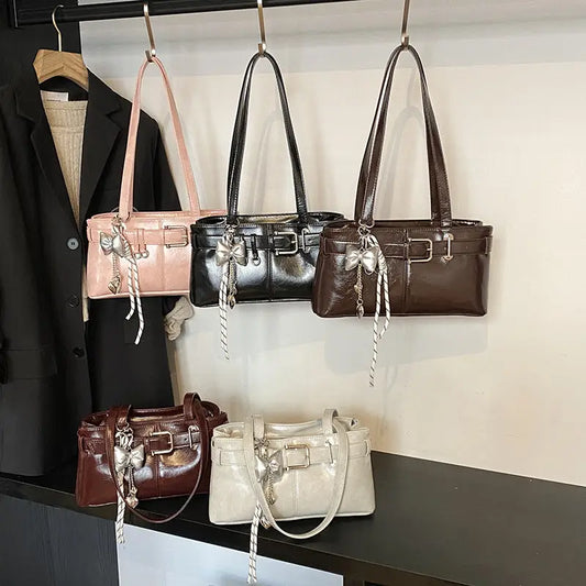 PU Shoulder Bag with Pendant and Sandwich Pocket in Multiple Colors