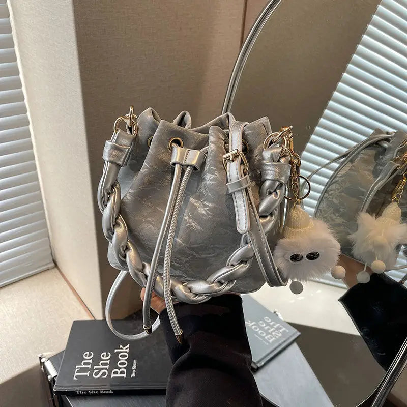 PU Texture Magnetic Snap Shoulder Bag in Multiple Colors - Iceberg Silver