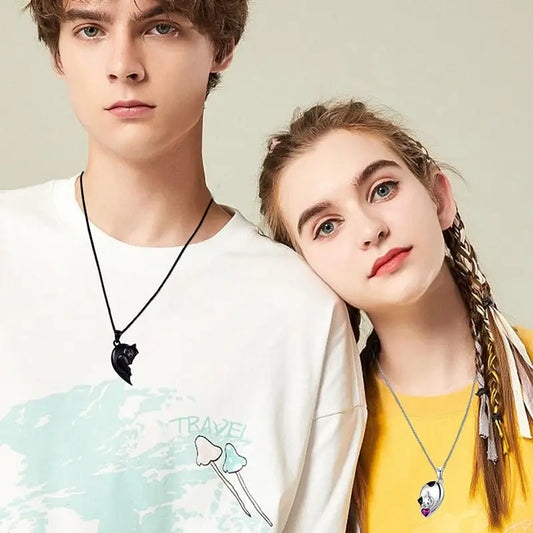 Purrfect Pair: Cat Couple Pendant Necklace - Black White Cat Necklace Suit