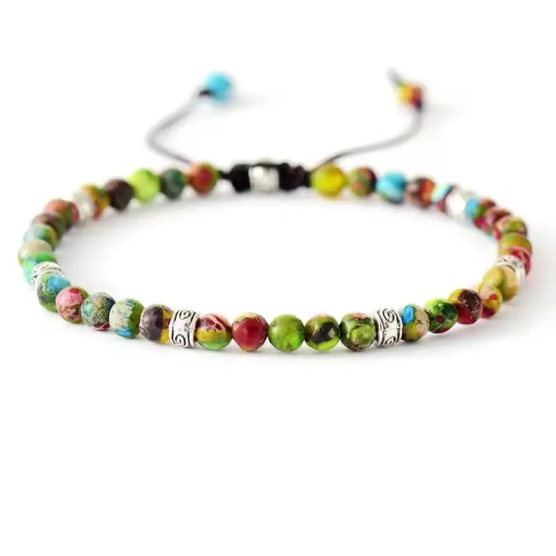 Rainbow Woven Bracelet with Multicolored Thread - Mixed Ornamental Stone / 16 + 7CM