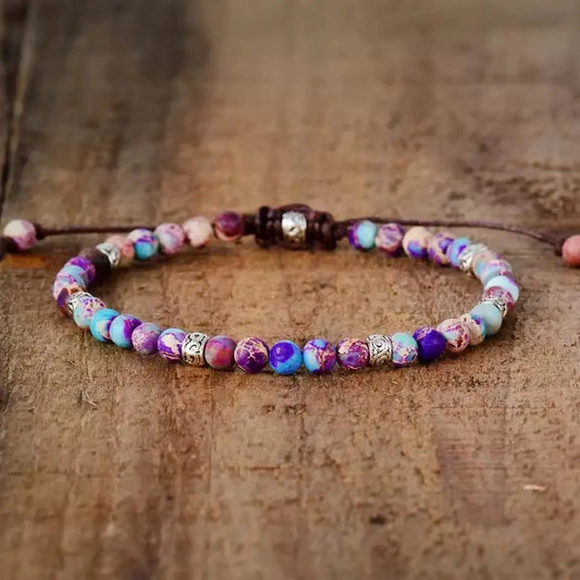 Rainbow Woven Bracelet with Multicolored Thread - Purple Emperor Stone / 16 + 7CM