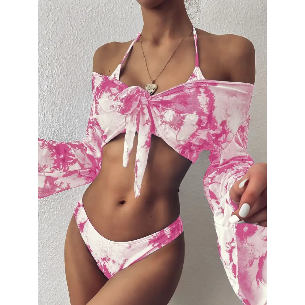 Rendering split long sleeve swimwear - Pink / S