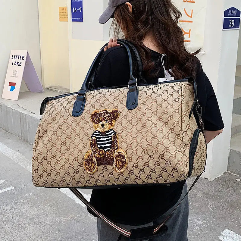 Retro Canvas Travel Bag with PU Leather and Plaid Polyester Lining