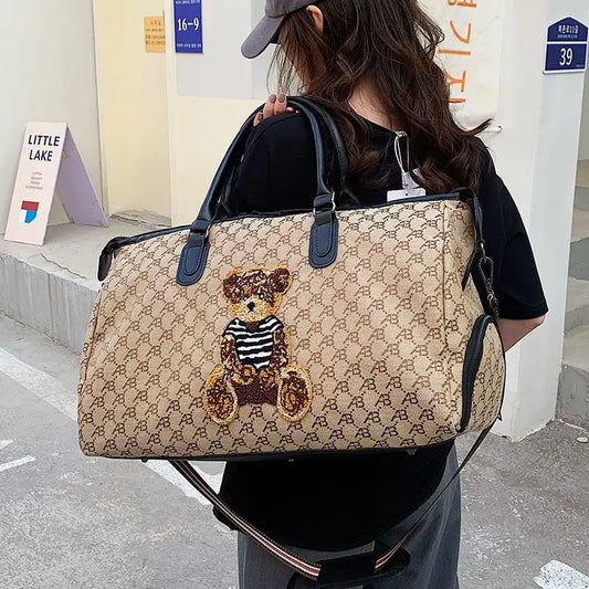 Retro Canvas Travel Bag with PU Leather and Plaid Polyester Lining