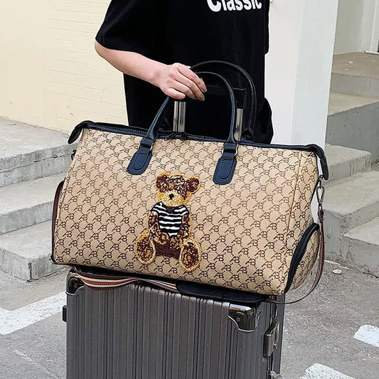 Retro Canvas Travel Bag with PU Leather and Plaid Polyester Lining