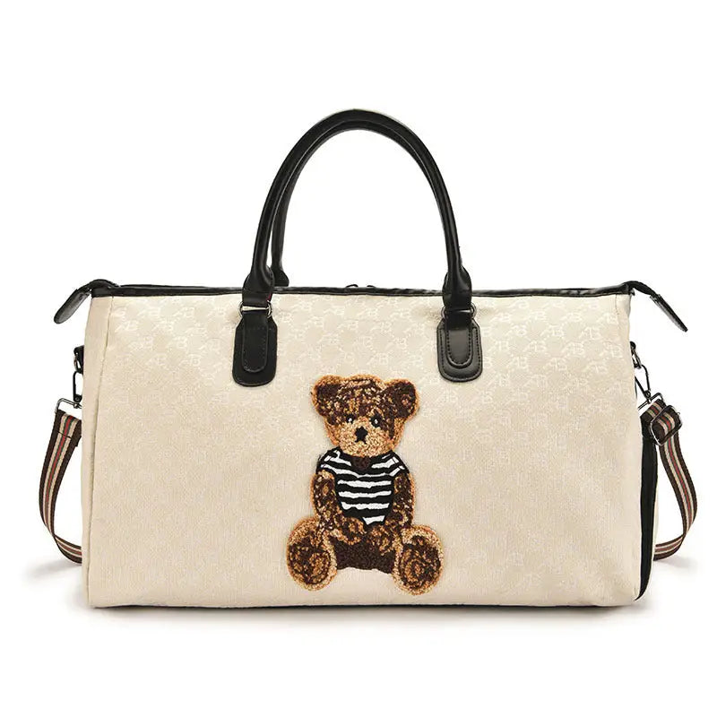 Retro Canvas Travel Bag with PU Leather and Plaid Polyester Lining - Beige