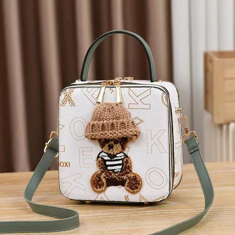 Retro European American Round PU Suitcase Style Women’s Handbag - Beige And Green / Length 18 Height 18 Width 9cm