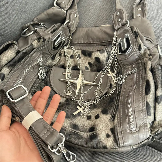 Retro Leopard Shoulder Bag - Grey