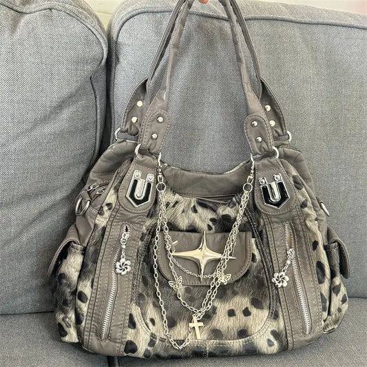 Retro Leopard Shoulder Bag - Grey
