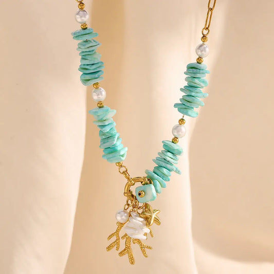 Retro Stone Paper Clip Necklace with Unique Pendant - Gold