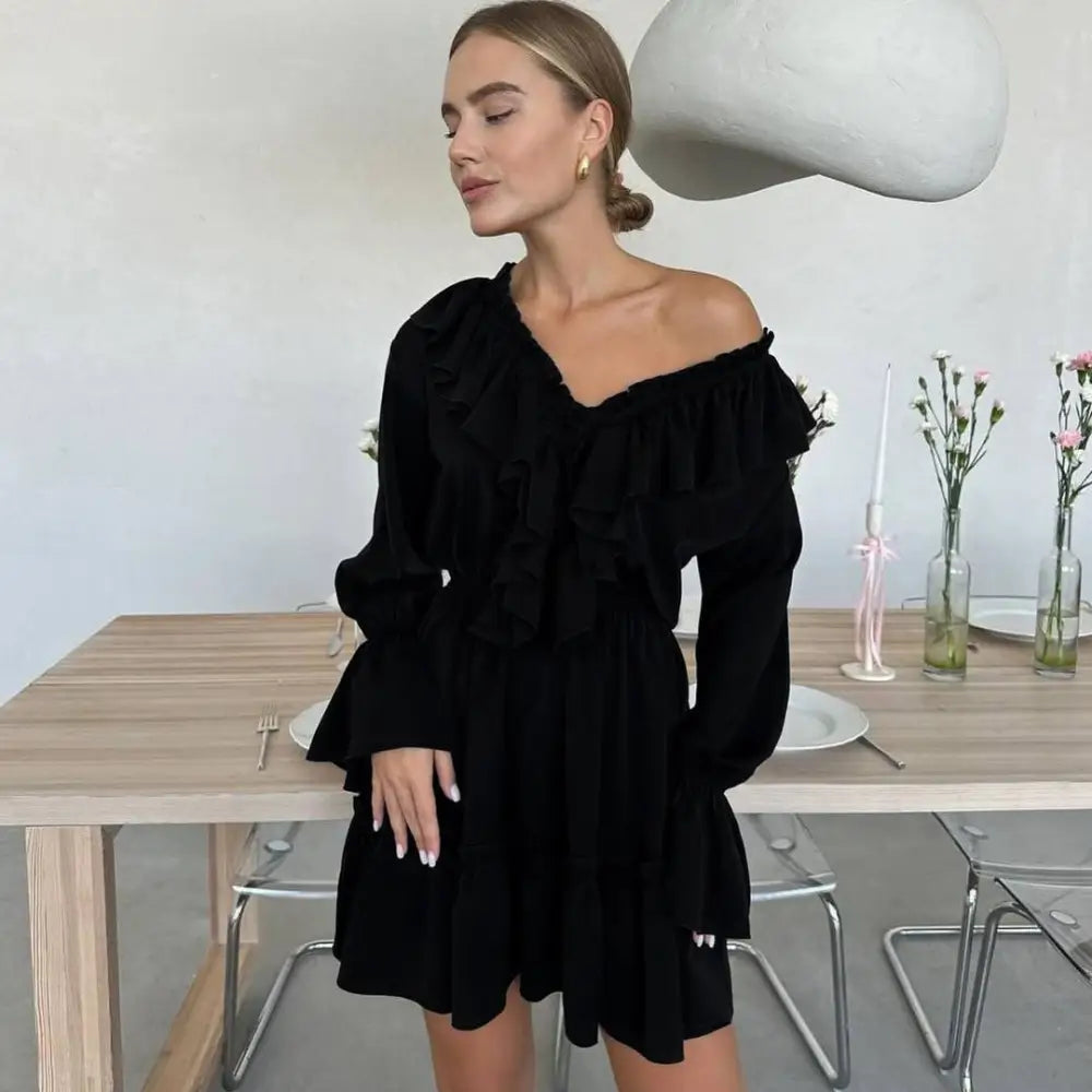 RetroVibe Ruffle V-Neck Y2K Dress - Black / S - 4