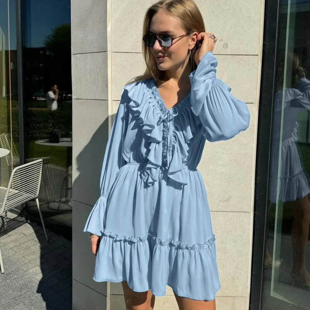 RetroVibe Ruffle V-Neck Y2K Dress - Blue / S - 4