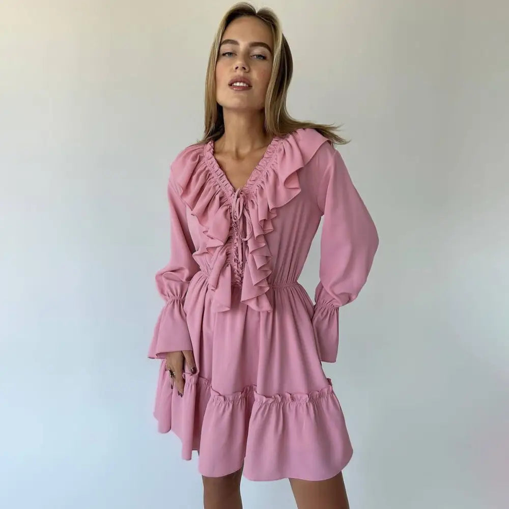 RetroVibe Ruffle V-Neck Y2K Dress - Pink / S - 4