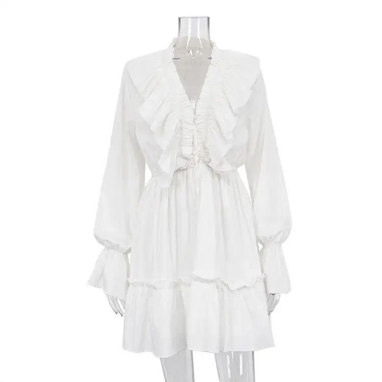 RetroVibe Ruffle V-Neck Y2K Dress - White / S - 4