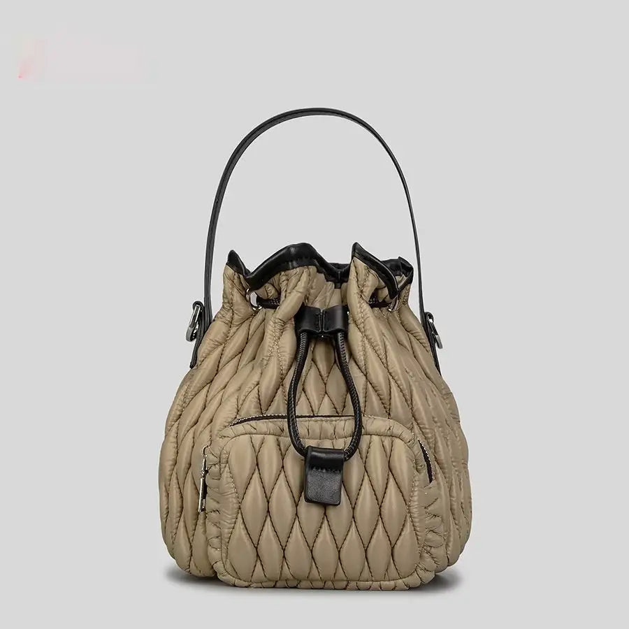 Rhombus Cotton Bucket Bag - Khaki