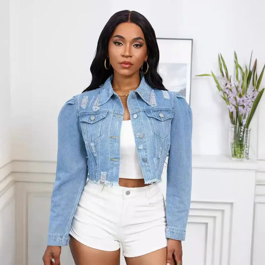 Distressed denim crop jacket.