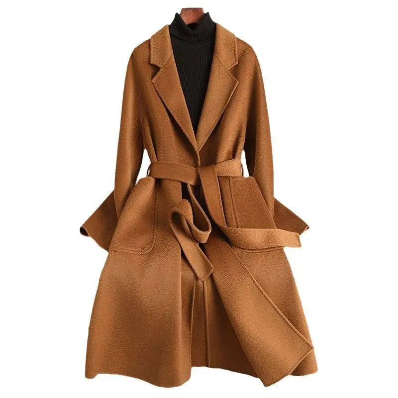 Brown belted wool coat.