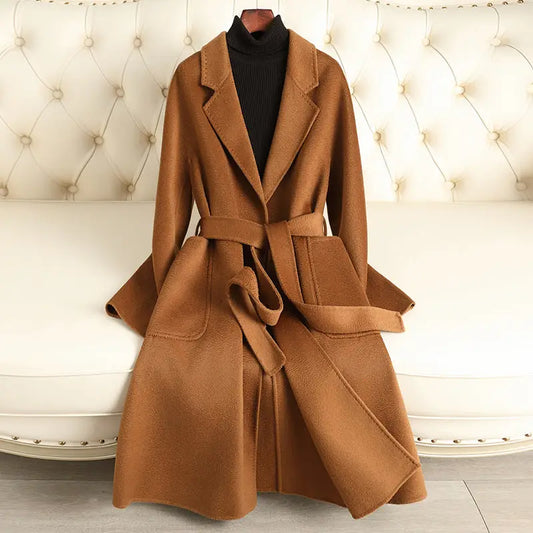 Brown belted wool coat.