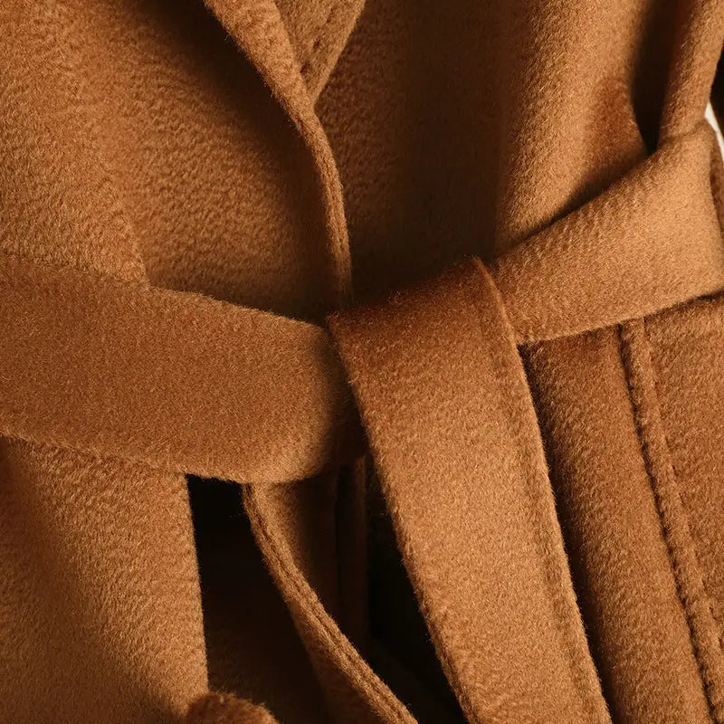 Brown wool coat with belt.