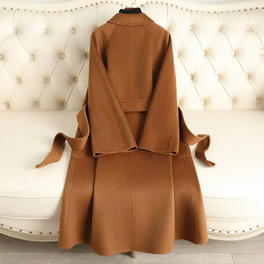 Brown wool coat with belt.
