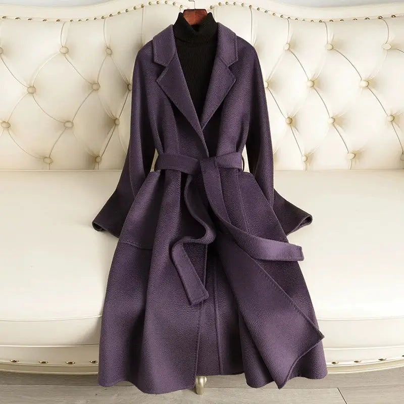 Purple belted wool coat.