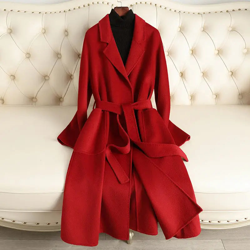Red belted wool coat.