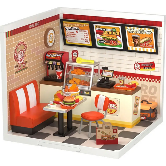 ROBOTIME Yum Burgers DIY Miniature Dollhouse Kit with LED 110 Pieces DW010 5