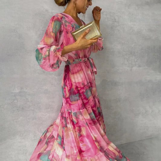 Rose Red Chiffon Long Dress with Ruffle Sleeves