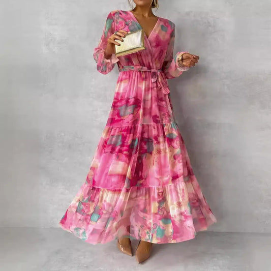 Rose Red Chiffon Long Dress with Ruffle Sleeves
