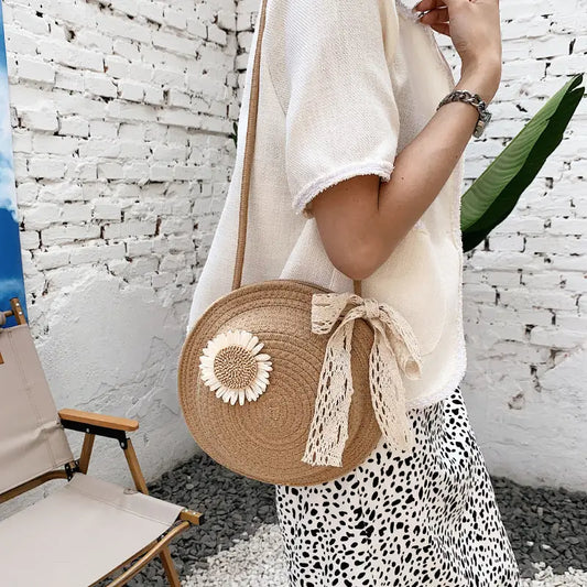 Round Straw Suitcase with Cotton Lining and Internal Mobile Phone Pocket