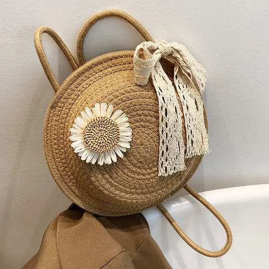 Round Straw Suitcase with Cotton Lining and Internal Mobile Phone Pocket