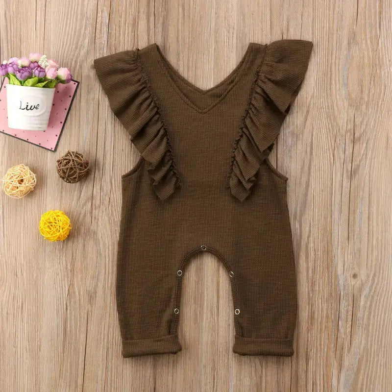 Ruffle Knit Romper: Baby Girl Jumpsuit Overalls - brown / 90cm