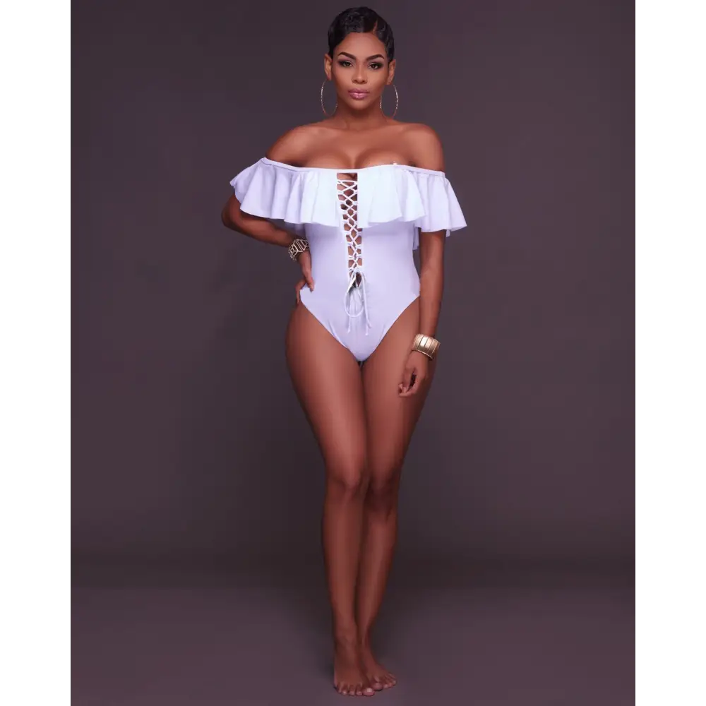 Ruffled Sling One-Piece Swimsuit Bikini - White / S