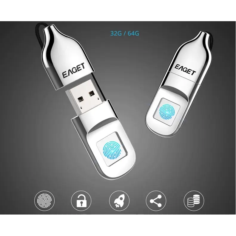 Silver fingerprint-secured USB drives.