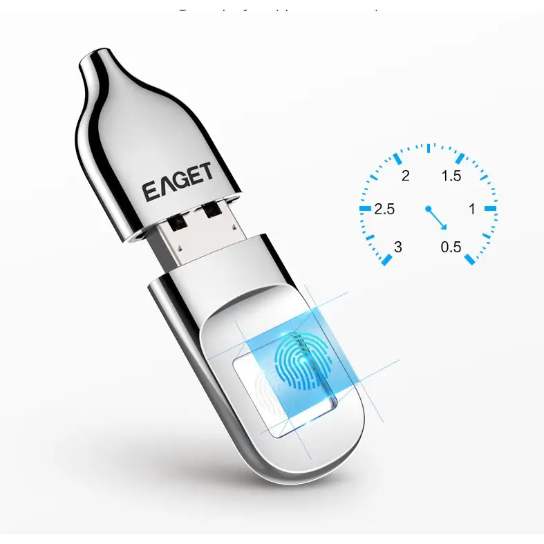 Silver fingerprint-secured USB drive.