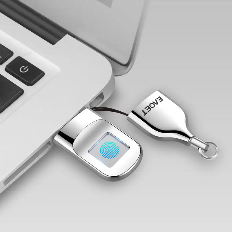 Silver fingerprint-secured USB drive.