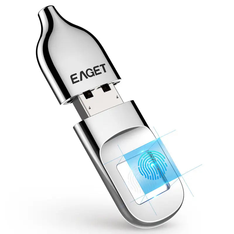 Silver fingerprint-secured USB drive.
