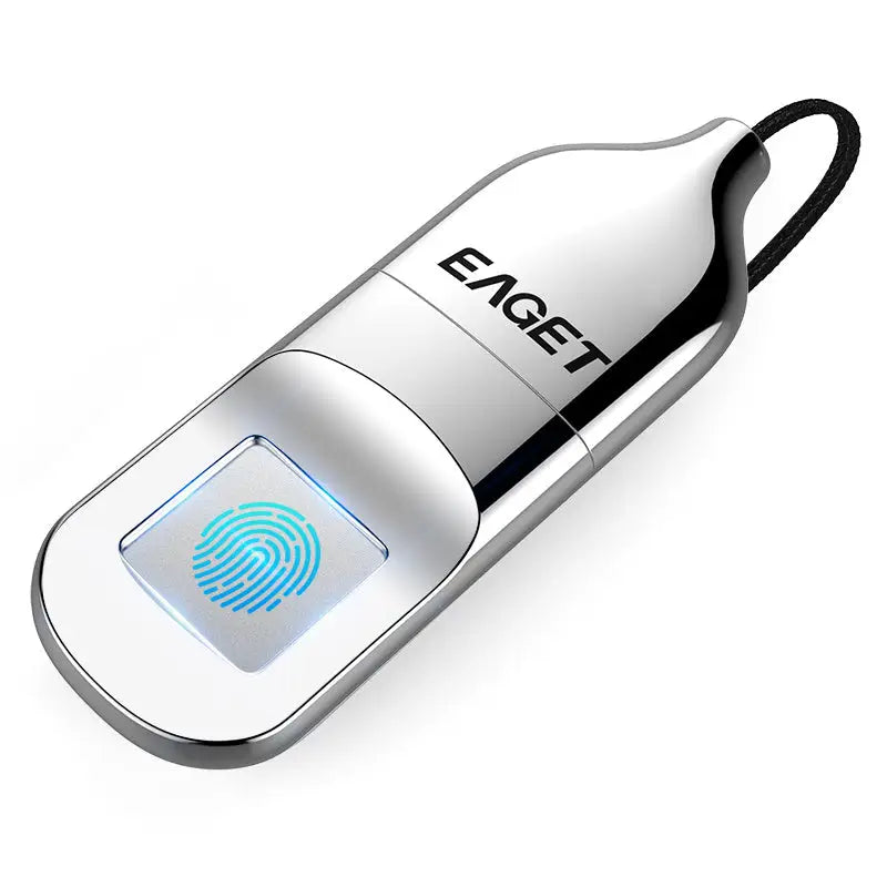 Silver fingerprint-scanning USB drive.