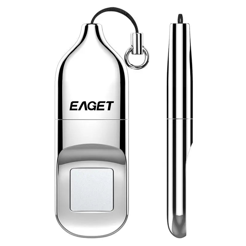 Silver fingerprint-scanning USB drive.