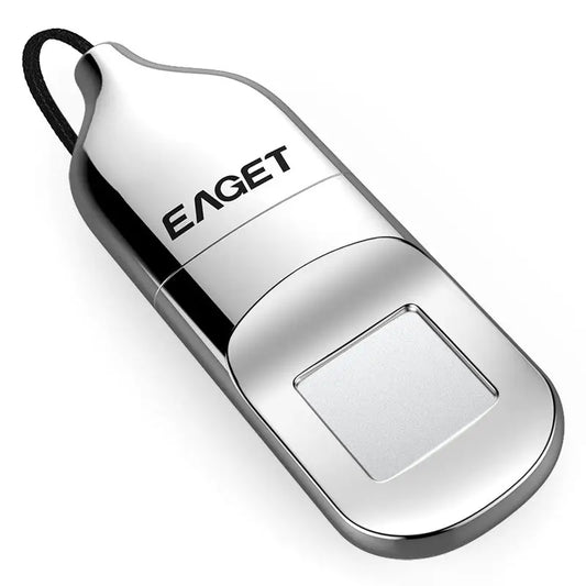 Silver USB drive with lanyard.