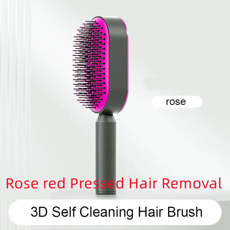 Self Cleaning Hairbrush with 3D Air Cushion for Healthy Hair Rose red Pressed Hair Removal