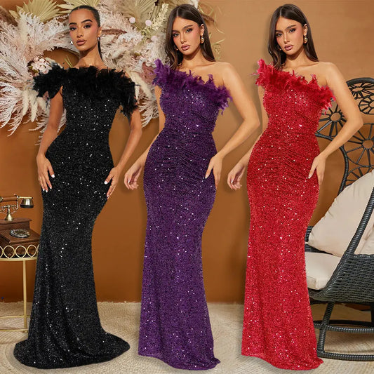Sequin Shoulder Strap Long Hip Skirt in Black Purple or Red