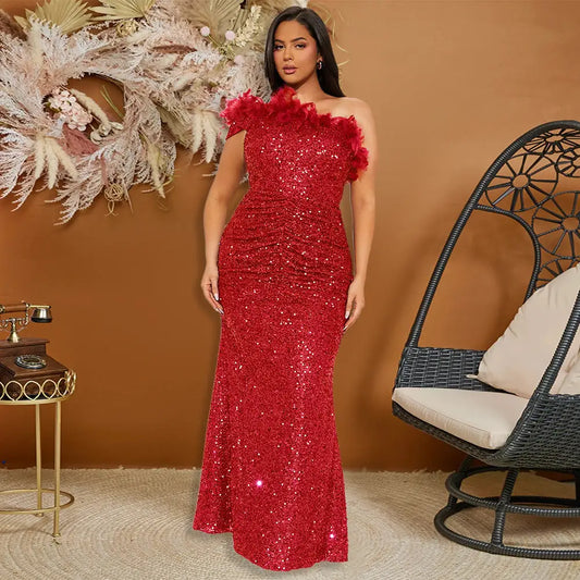 Sequin Shoulder Strap Long Hip Skirt in Black Purple or Red