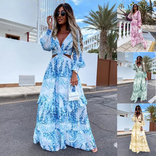 Serene Bloom V-Neck Long Sleeve Dress