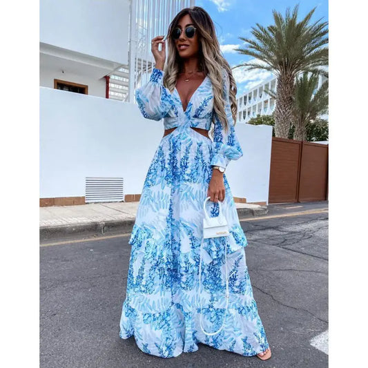 Serene Bloom V-Neck Long Sleeve Dress - Light Blue / S