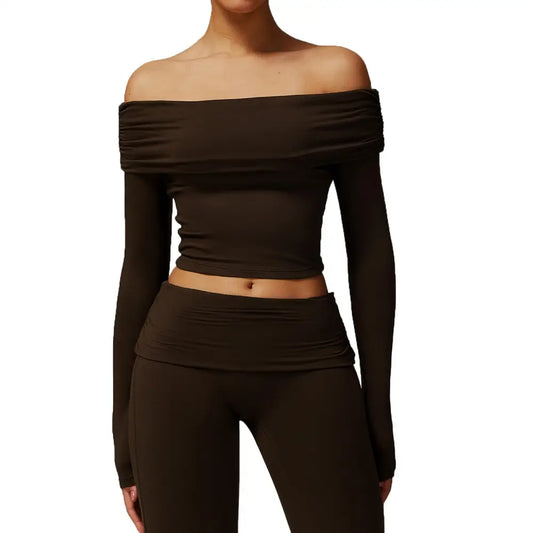 Dark brown off-the-shoulder crop top and leggings set.