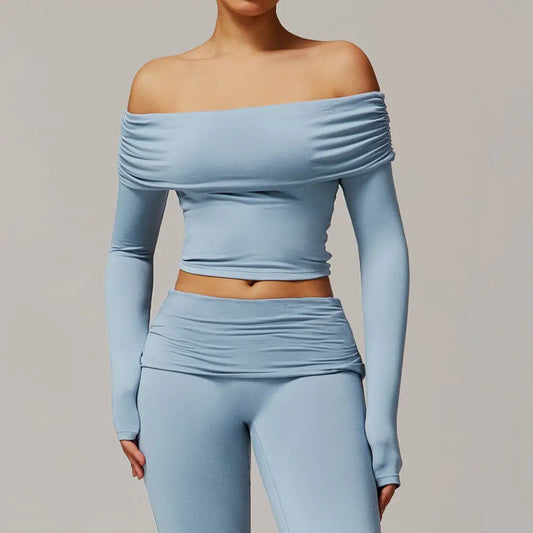 Light blue off-the-shoulder long-sleeved crop top and leggings.