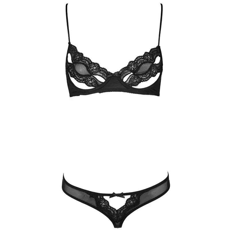 Sexy Lace Hollow Out Thin Underwear Back Mesh Perspective Bra Set - Black / S