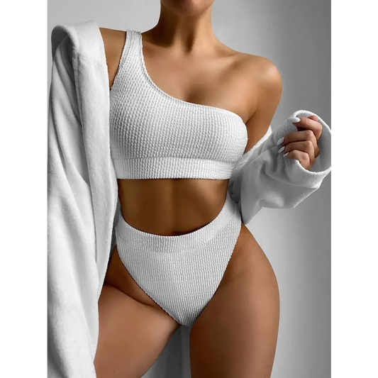 Sexy Lady In Swimsuit Solid Color Bikini One-shoulder