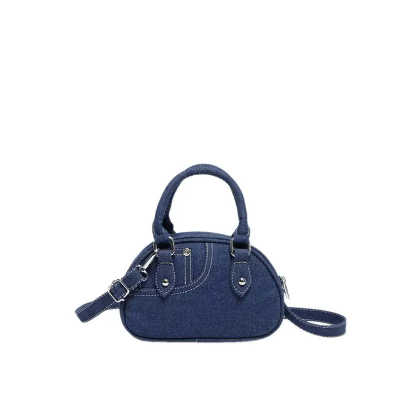 Shell Shape Soft Denim Outer Bag with Pocket in Black and Blue